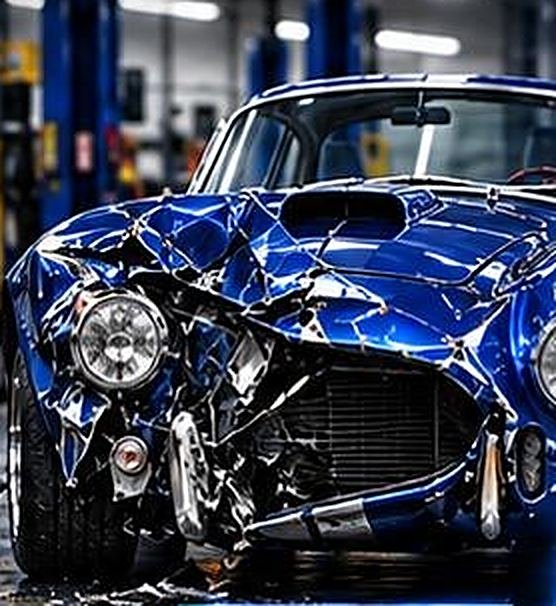 Blue roadster with a crushed front end before repair